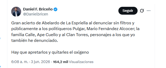 El congresista electo Daniel F. Briceño celebró la denuncia que hizo Abelardo de la Espriella sobre presunta compra de votos - crédito @Danielbricen/X