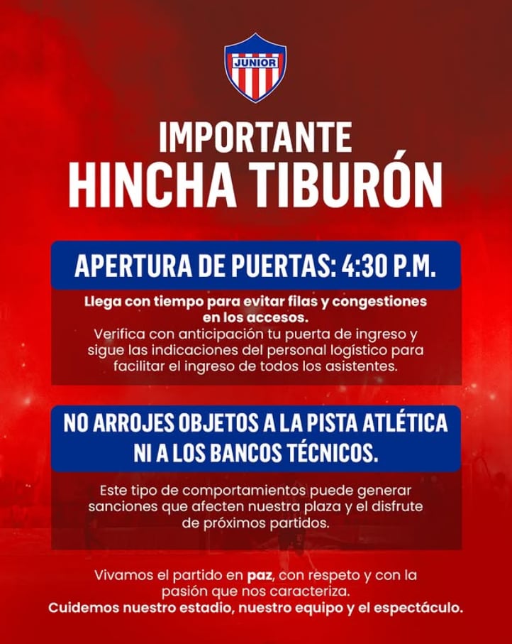 Las puertas se abrirán a las 4:30 p.m. en el Romelio Martínez - crédito Junior de Barranquilla