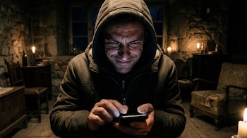 Primer plano de un hombre encapuchado con expresión sombría, concentrado en la pantalla de su teléfono móvil. La escena está tenuemente iluminada por velas.
