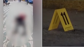 Composición con una persona tendida en una acera con el área difuminada a la izquierda y un marcador forense amarillo número once a la derecha