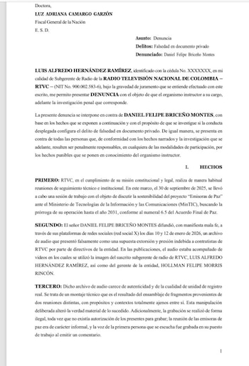 Documento de la denuncia que, según Daniel Briceño, fue presentada en su contra durante la controversia por sus señalamientos sobre la gestión de Rtvc - crédito Daniel Briceño/X