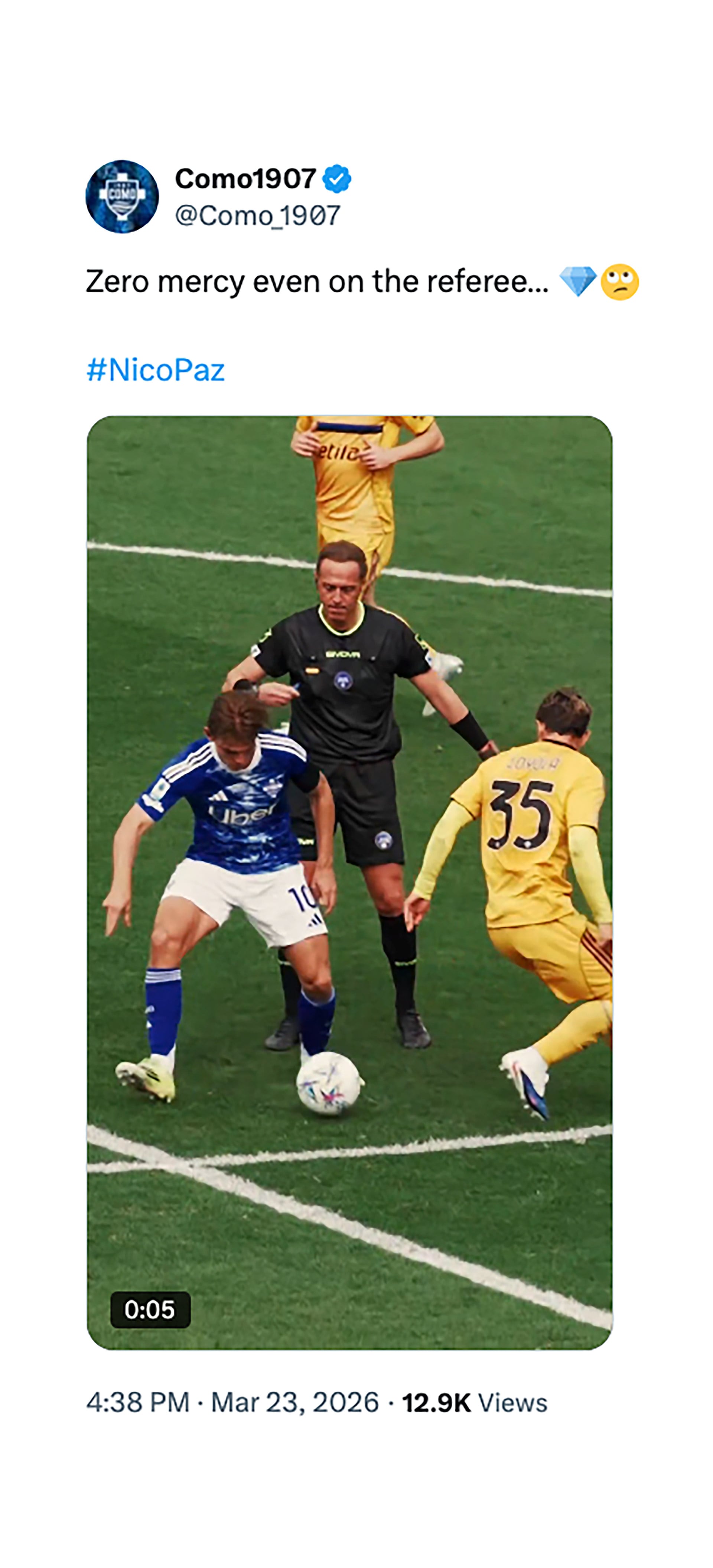 “Cero piedad incluso para el árbitro”, el mensaje del Como sobre una jugada de Nico Paz