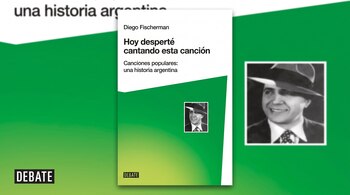 Portada de libro de Diego Fischerman con título y subtítulo, que presenta una fotografía en blanco y negro de Carlos Gardel. Fondo verde y logo Debate.