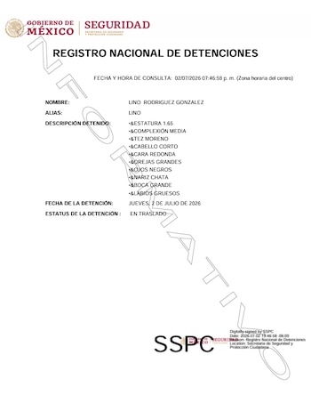 Documento expedido por el Registro Nacional de Detenciones.