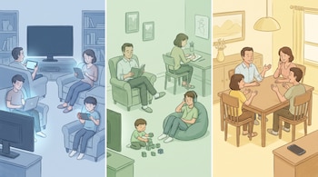 Ilustración de tres paneles. Familia en sala con pantallas, otra haciendo actividades individuales, y una tercera conversando en mesa con teléfono apagado al lado.