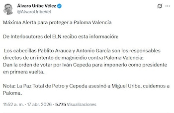 El expresidente Álvaro Uribe denuncia plan para atentar contra la senadora Paloma Valencia - crédito @AlvaroUribeVel/X