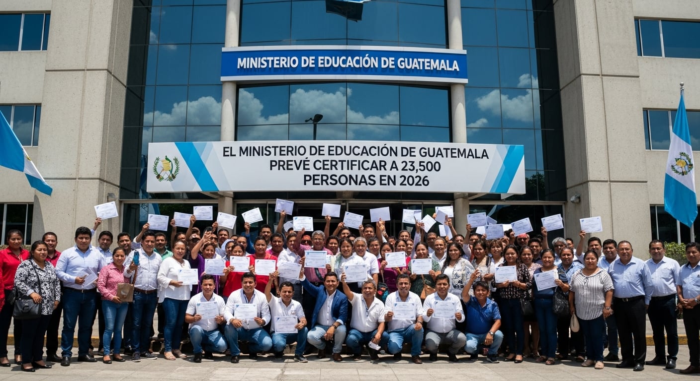 Un grupo de personas celebra sus certificaciones frente al Ministerio de Educación de Guatemala, que proyecta otorgar 23.500 certificaciones para el año 2026. (Imagen Ilustrativa Infobae)