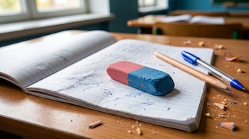 Un borrador bicolor rosado y azul se encuentra sobre un cuaderno abierto, junto a un lápiz, un lapicero azul y virutas de lápiz sobre un escritorio de madera.