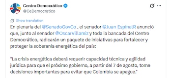 El Centro Democrático propuso establecer una declaración de emergencia económica - crédito @CeDemocratico/X