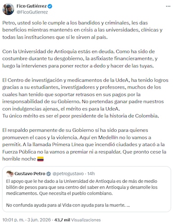 Federico Gutiérrez responsabilizó a Gustavo Petro por retrasos salariales y designaciones en la Universidad de Antioquia - crédito @FicoGutierrez/X