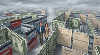 Un hombre y una mujer caminan dentro de un laberinto con paredes de billetes, tarjetas de crédito y facturas. El cielo es gris.
