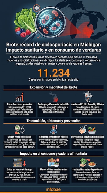 Infografía del brote de ciclosporiasis que muestra verduras frescas, lupa con parásitos, mapa de Michigan, y secciones sobre casos, transmisión y prevención.
