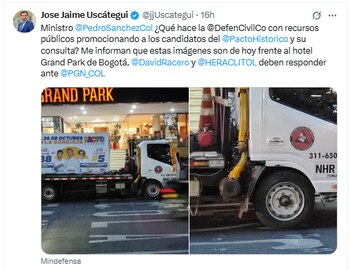 La denuncia hecha por José Jaime Uscátegui sobre carro de la Defensa Civil - crédito @jjUscategui/X