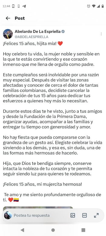 El presidente Abelardo de la Espriella publicó un mensaje por los 15 años de su hija Lucía y contó que la adolescente decidió cancelar su fiesta de quince tras el terremoto del 10 de agosto en Colombia - crédito @ABDELAESPRIELLA/X