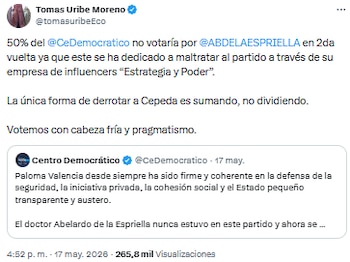 Tomás Uribe advirtió que divisiones internas dificultan la derrota de Cepeda y llamó a la unidad - crédito @tomasuribeEco/X