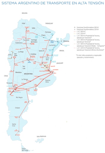 La red de Transener se extiende 3.700 kilómetros entre Jujuy y Santa Cruz y constituye la columna vertebral del Sistema Argentino de Interconexión
