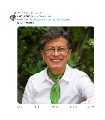 Trino de burla a Claudia López que republicó el expresidente Álvaro Uribe. (Crédito: @LuchoGLopez / X)