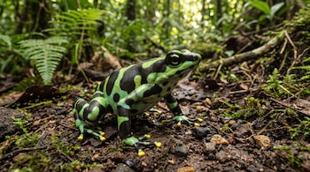 Rana de dardo verde y negra con puntas de dedos amarillas sobre tierra oscura, rocas y musgo. El fondo es un follaje verde borroso.
