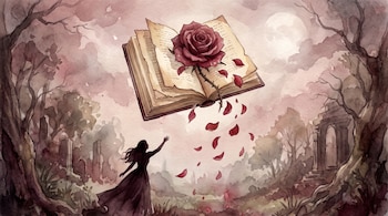 Ilustración en acuarela de un libro abierto con rosa roja y pétalos, una silueta de mujer con vestido largo, árboles y una ruina arquitectónica.