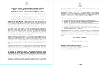 El Ministerio de Salud de Colombia pidió a los viajeros del Mundial 2026 completar la vacunación contra el sarampión al menos 15 días antes de salir del país - crédito @MinSaludCol/X