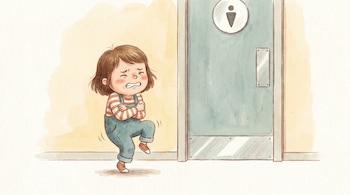Ilustración de una niña con overol azul y camisa a rayas, apretando piernas y brazos frente a una puerta de baño con el símbolo masculino.