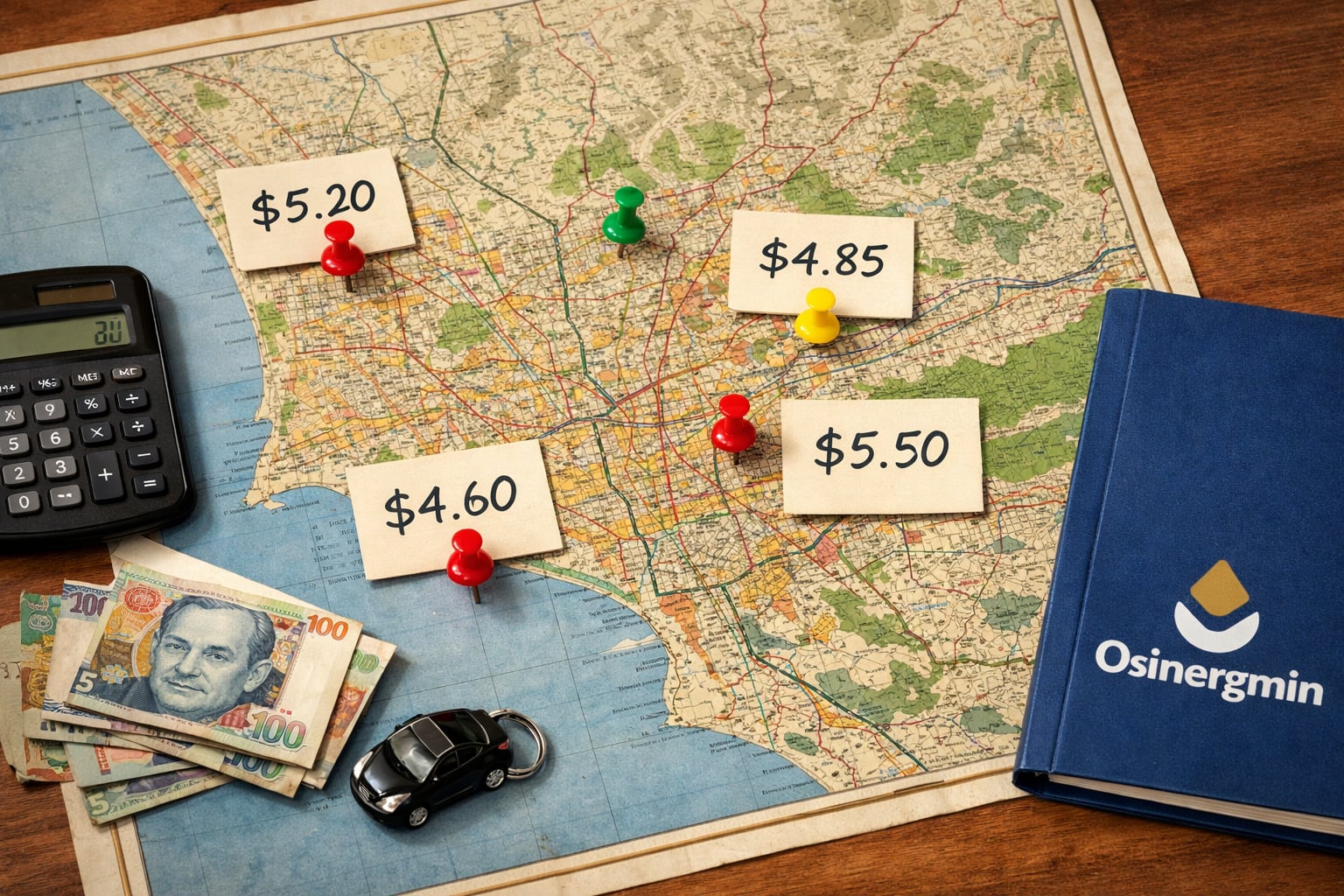 Un mapa de Perú o Lima señala la variación de precios de gasolina entre distritos, marcada con pines y etiquetas, junto a billetes peruanos y una carpeta de Osinergmin. (Imagen Ilustrativa Infobae)