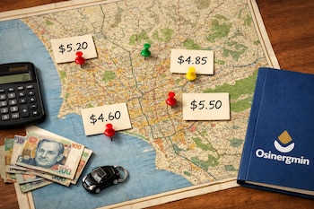 Mapa de papel con pines, etiquetas de precios, calculadora, billetes peruanos, llavero de auto negro y carpeta azul con logo de Osinergmin.