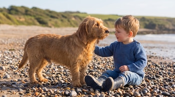 Un niño pequeño rubio con suéter azul y jeans, sentado en una playa de guijarros, acaricia un perro Basset Fauve de Bretagne color caramelo.