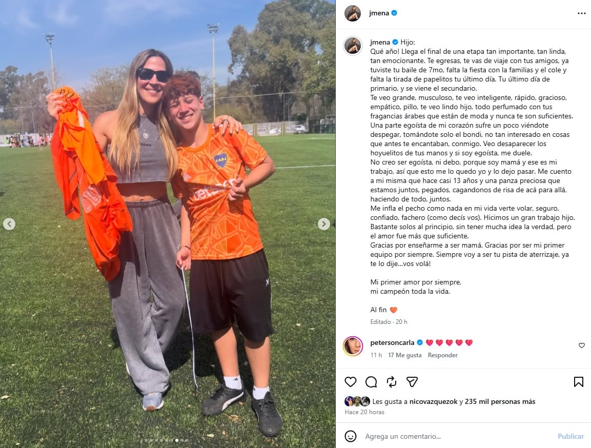 Jimena Barón junto a Momo y el mensaje que escribió para su hijo (Instagram)
