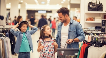 Un padre sonriente con una cesta de compras mira a su hija que sostiene un vestido, mientras su hijo se prueba un sombrero en una tienda de ropa.