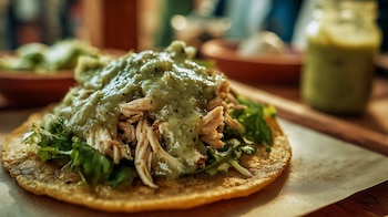 Platillo mexicano con pollo en salsa verde, tortilla dorada, guacamole y hierbas frescas. - (Imagen Ilustrativa Infobae)