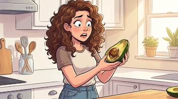 Ilustración de mujer con cabello rizado en cocina, sostiene medio aguacate con pulpa marrón, encimera blanca, utensilios, ventana.