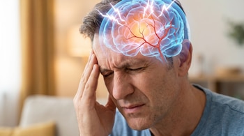 Hombre con expresión de molestia tocándose la cabeza. Sobre su cabeza se superpone una imagen médica del cerebro con destellos y vasos sanguíneos.