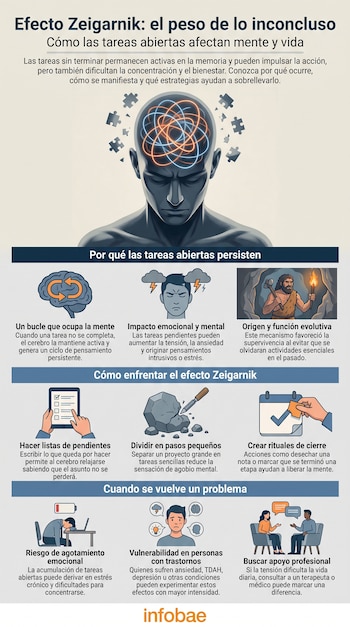 Infografía sobre el efecto Zeigarnik. Incluye ilustraciones de un cerebro con rompecabezas, personas, herramientas, calendarios y texto explicativo en varias secciones. Fuente: Infobae.
