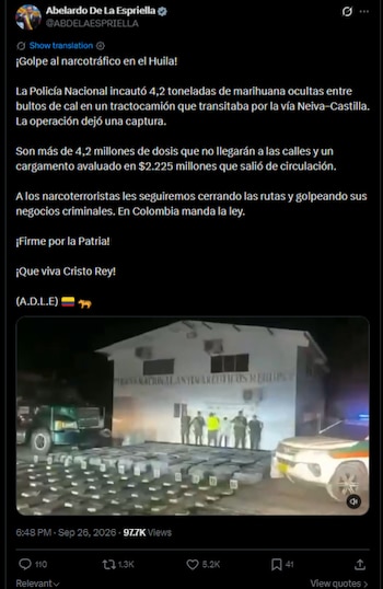 El presidente de Colombia anunció la incautación de más de 4 toneladas de Marihuana en el Huila-crédito @ABDELAESPRIELLA/X