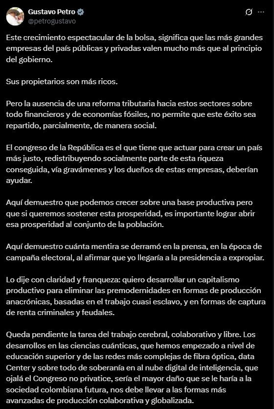 El presidente Gustavo Petro destacó el auge del índice Colcap y pidió al Congreso garantizar que la nueva riqueza generada por el mercado bursátil se traduzca en mayor justicia social - crédito Gustavo Petro/X