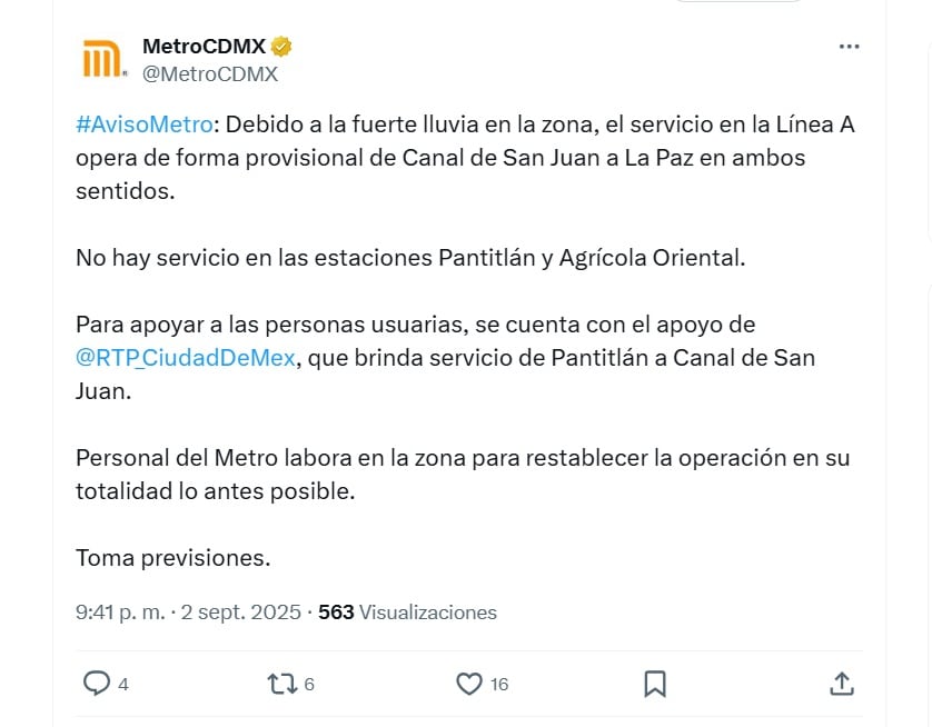 Suspende servicio la Línea A del Metro CDMX este 2 de septiembre (X/ @MetroCDMX)