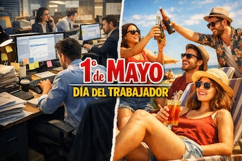 Imagen dividida horizontalmente: izquierda, oficinistas trabajando en computadoras; derecha, amigos brindando con bebidas en una playa soleada.
