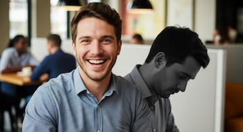 Primer plano de un hombre joven sonriendo con camisa azul, con su imagen en escala de grises detrás mirando hacia abajo, en un interior con personas.