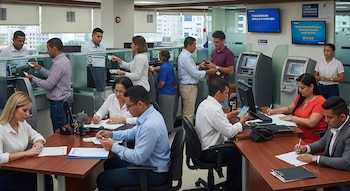 Interior de un banco moderno con clientes y empleados. Personas completan formularios en escritorios, otras usan cajeros automáticos y reciben atención. Bandera de Panamá al fondo.