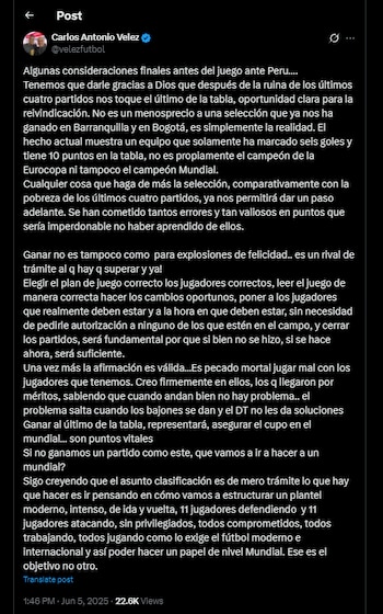 El analista y comentarista deportivo de Win Sports lanzó su respectivo análisis sobre lo que será el duelo con la Bicolor en Barranquilla - crédito @velezfutbol / X