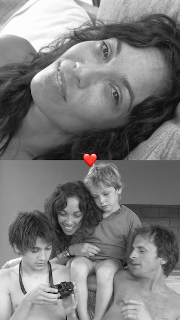 Dos fotos en blanco y negro: el rostro de una mujer y un grupo familiar de dos adultos y dos niños, uno de los cuales sostiene una cámara de fotos