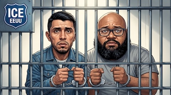 Dos hombres con expresión preocupada, esposados, detrás de barrotes de prisión; un escudo con el logo de ICE Estados Unidos aparece en la esquina superior izquierda.
