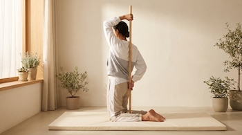 Persona arrodillada en una colchoneta clara, de espaldas, sosteniendo una pica vertical detrás de su cuerpo. Sala con pared crema, ventana y plantas.
