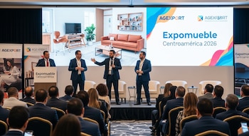Cuatro hombres en trajes en un escenario con un podio, una pantalla grande con el logo de AGEXPORT y