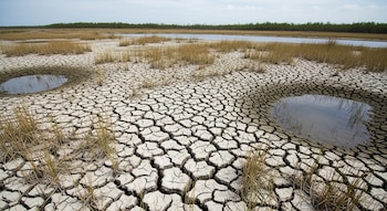 Amplia vista de un terreno árido y agrietado con charcos de agua dispersos y vegetación seca, bajo un cielo parcialmente nublado.