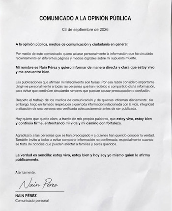 Alias Bendito Menor publicó un comunicado la misma tarde del jueves 3 de septiembre, cuando un falso rumor sobre su muerte lo hizo utilizar su teléfono para compartir el comunicado. Este error le habría costado la vida - crédito red social X