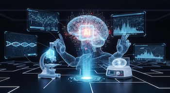 Composición digital de una IA con cerebro iluminado interactuando con pantallas de datos (ADN, gráficos), un microscopio y equipo de laboratorio virtuales.