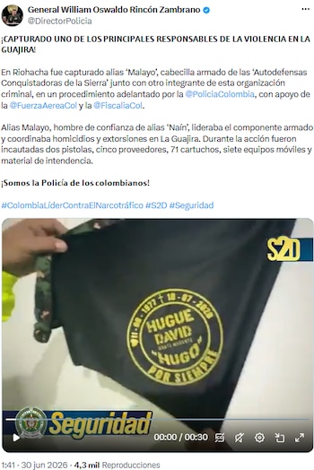 Policía Nacional detuvo a alias Malayo, señalado generador de violencia en La Guajira - crédito @DirectorPolicia/X