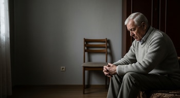 Hombre mayor de pelo blanco sentado en un sofá, mirando hacia abajo con las manos juntas sobre las rodillas. La luz tenue entra por una ventana lateral en una habitación sencilla.
